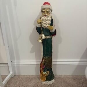 Vintage Handcrafted Santa With Bells & Toy Bag 22" tall‎ 4" across Pencil Style